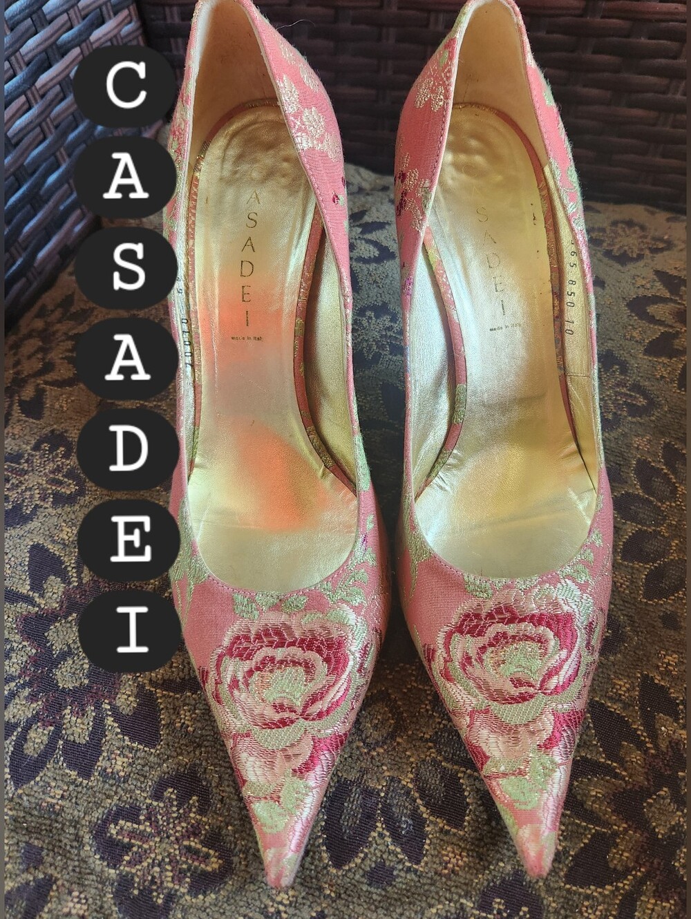 Y2K CASADEI Pink Rose Green BROCADE Embroidered Pointed Toe 4+"Gold HEEL Pumps